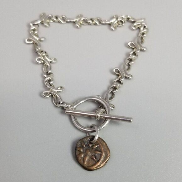 Vintage The Gift Premier Designs Silver Tone Copper Coin Accent Toggle Bracelet - Picture 1 of 7
